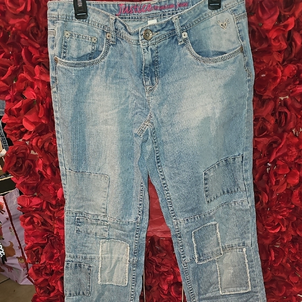 Justice Girls Light Blue Denim Patchwork Jeans Size 16½